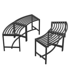 two black benches sitting next to each other on a white background and one is empty