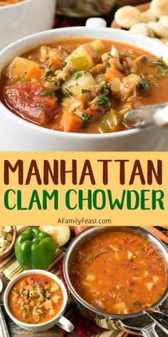 a bowl of manhattan clam chowder with the title above it