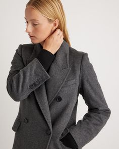 All the luxe with less of the investment. That was our motive when we crafted this double-breasted coat with Italian wool in a classic, tailored silhouette. Fully lined for extra comfort and warmth, it features a sleeve vent with button closure and a back vent for plenty of flex.  | Quince | Women's Italian Wool Double-Breasted Coat in Heather Charcoal, Size XL, Wool/Nylon Grey Wool Coat, Gray Wool Coat, Grey Coat, Double Breasted Coat, Grey Women, Black Charcoal, Quince, Winter Wardrobe, Wool Coat