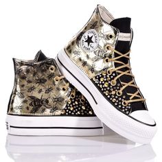 These platform sneakers from Converse showcase a unique blend of a glossy metallic upper adorned with intricate bee patterns. The design features sparkling studs on a black base, paired with a classic white rubber sole, resulting in a sporty yet elegant aesthetic. Luxurious gold laces enhance the overall appeal.

- Handmade masterpiece with slight variations  
- Gender: Woman  
- Style: Casual, Streetwear, Artistic Converse Black Platform, Converse Platform Black, Black Platform Sneakers, Converse Platform, Black Bee, Perfect Sneakers, Converse Black, Black Platform, Sneaker Wedge