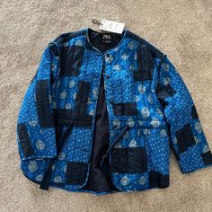 Beautiful Quilted Jacket. Perfect For Spring Or Fall. Never Worn And Nwt. Medium But Fits Large Comfortably. Casual Indigo Patchwork Outerwear, Indigo Patchwork Outerwear For Spring, Blue Patchwork Long Sleeve Outerwear, Blue Long Sleeve Blazer With Patchwork, Blue Long Sleeve Patchwork Blazer, Zara Blue Winter Outerwear, Fall Blue Blazer With Patchwork, Blue Patchwork Outerwear For Spring, Zara Blue Cotton Outerwear