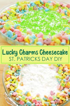 lucky charms cheesecake with st patrick's day candy in the bottom and green sprinkles on top