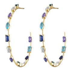 This stunning everyday hoop is  available in small 1 inch or large 2 inches around. Features 2 cts or 4 cts of colored stones assembled in the signature EP way. Luxury Hoop Multi-stone Jewelry, Luxury Multi-stone Hoop Jewelry, Luxury Blue Hoop Jewelry, Luxury Blue Hoop Earrings, Gold Goddess, Colored Stones, Shades Of Blue, Stone Color, 1 Inch