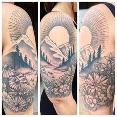 three different views of a mountain landscape with flowers and sun in the sky on this half sleeve tattoo