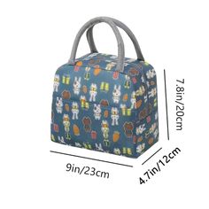 an image of a small blue bag with cartoon characters on the front and bottom side