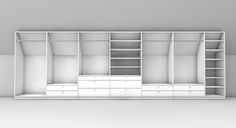 an empty white closet with drawers and shelves on the wall 3d rendering illustration stock photo