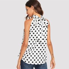 Gender: Women Sleeve Style: REGULAR Pattern Type: Polka Dot Material: Polyester Model Number: blouse180629416 Sleeve Length(cm): Sleeveless Clothing Length: REGULAR Decoration: Bow Collar: Halter Fabric Type: Broadcloth Style: Casual Color : Black and White UID: 190220243 Style: Casual Composition: 100% Polyester Fit Type: Regular Fit Details: Knot Fabric: Fabric has no stretch Season: Summer Shirt Type: Top Occasion: Weekend Casual Placket Type: Pullovers Fitted Polka Dot Sleeveless Blouse, Chic Polka Dot Tank Top For Spring, Spring Chic Polka Dot Tank Top, Polka Dot Sleeveless Blouse For Spring, Polka Dot Sleeveless Casual Blouse, Casual Polka Dot Tank Top, Casual Polka Dot Sleeveless Top, Casual Sleeveless Polka Dot Blouse, Sleeveless Polka Dot Blouse For Spring