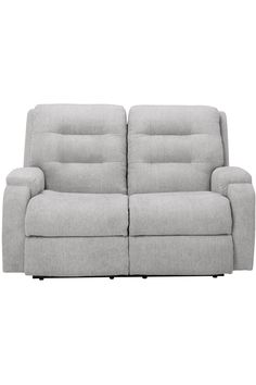 the reclining sofa is shown in light grey fabric and has two arms that are facing each other