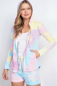 This is a set Comes with a hooded jacket & shorts 95% Polyester 5% Spandex Small measurements: TOP: L: 24" B: 36" W: 40" SHORTS: L: 13" W: 26" I.S.: 3" Trendy Spring Loungewear Hooded Jacket, Multicolor Hoodie With Pockets For Spring, Multicolor Spring Hoodie With Pockets, Spring Multicolor Hoodie With Pockets, Sporty Hooded Jacket For Spring Loungewear, Cotton Drawstring Outerwear For Loungewear, Cotton Hooded Jacket For Loungewear, Summer Loungewear Hoodie With Drawstring Hood, Trendy Hooded Jacket With Drawstring For Loungewear