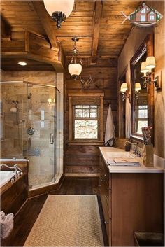 a bathroom with wooden walls and flooring