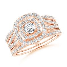 a rose gold engagement ring set with two rows of diamonds on the band and a center diamond