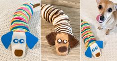 there are three pictures of dogs made out of socks