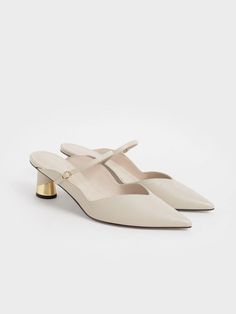 Chalk Cammie Metallic Sculptural Heel Mules Ikat Pinggang, Shoes Heels Classy, Heels Classy, Heel Mules, Faux Leather Heels, Chalk White, Shoes Collection, Charles Keith, Pointed Toe Shoes