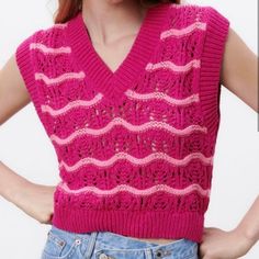 Zara Pink And Fuchsia Scalloped Cotton Blend Women’s Knit Vest Size Small New Without Tags Trendy Pink Sweater Vest For Winter, Pink V-neck Open Knit Sweater, Fitted Pink Sweater Vest For Fall, Pink Knitted Sweater Vest For Winter, Trendy Pink Sweater Vest For Fall, Chic Knitted Sweater Vest For Spring, Trendy Pink Sweater Vest For Spring, Pink V-neck Sweater Vest For Fall, Pink Fitted Casual Sweater Vest