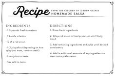 the recipe for homemade salsa is shown in black and white