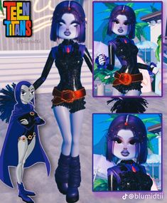 an animated image of a woman dressed in black and white with purple hair, holding onto a doll