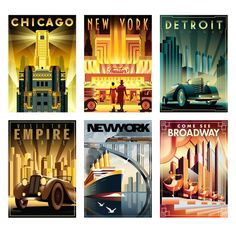 four vintage travel posters are shown together