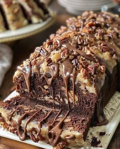 a chocolate cake with pecans on top and drizzled in icing