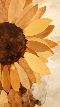 a painting of a sunflower with leaves on the bottom and brown petals in the middle