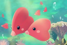 two red heart shaped fish swimming in the ocean with corals and seaweed around them