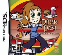 an image of a cartoon character with food on the plate and in front of a diner dash game cover