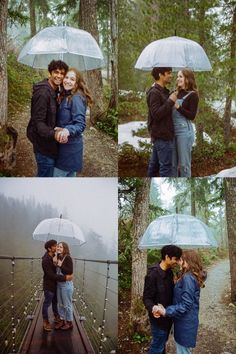 Cute happy couple just got engaged on a rainy, foggy day, holding hands under a clear umbrella Engagement Photos Umbrella, Clear Umbrella Photoshoot, Rainy Day Couple Photoshoot, Rainy Day Family Photoshoot, Rainy Day Engagement Pictures, Rainy Day Photoshoot