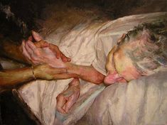 a painting of an older man laying in bed with his hands on the arm of another person