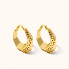 Solid Gold Patterned Hexagon Hoop Earrings, Fine Handmade Gold Jewelry, 14K Edged Cool Earrings, Unique Halloween Christmas Gifts for Her Exclusively crafted from genuine gold, Zelveti jewelry embodies purity and longevity. Available in 14 or 18 karat gold, Zelveti jewels are designed to whisper to your soul and carry forward your story across generations. The hallmark of 585 (14 karat) or 750 (18 karat) stamped on your product certifies its authenticity in being made from real gold. As a result Gold Octagon Earrings For Gift, Gold Octagon Hoop Earrings As Gift, Gold Hexagon Hoop Earrings For Gift, Elegant Octagon Hoop Earrings As Gift, Elegant Hexagon Hoop Earrings As Gift, Cool Earrings Unique, Cool Earrings, Handmade Gold Jewellery, Chinese Symbols