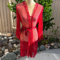 New Condition, Never Worn. The Tag Says Xl But The Mannequin Is Small And It Fits. It Has An Inside Tie And A Belt And Will Be Fairly Flexible In Sizes. Small To Large Or Even Xl.. I Am Calling It One Size. Bundle With Other Items And Save On Shipping. Red Lace Sleepwear With Lace Trim, Red Sheer Lace Sleepwear, Red Fitted Lace Sleepwear, Fitted Red Lace Sleepwear, Sheer Robe, Sleepwear Robe, Women's Intimates, Cover Up, Red