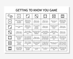 a printable game with dices on it and the words getting to know you game