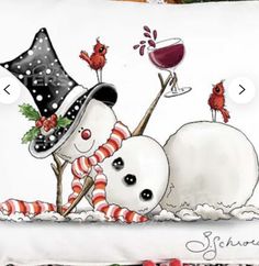 two snowmen with hats and wine glasses