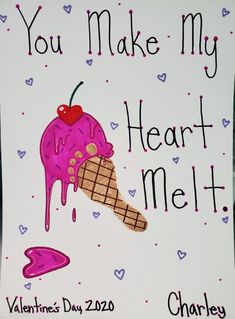 a valentine's day card with an ice cream cone and cherries on it