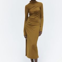 New With Tags High Neck Ruched Dress For Fall, Spring High Neck Ruched Midi Dress, High Neck Ruched Midi Dress For Date Night, Spring Evening Turtleneck Midi Dress, Spring High-neck Stretch Midi Dress, Chic High Neck Midi Dress For Fall, Spring High Neck Stretch Midi Dress, H&m Long Sleeve Midi Dress For Fall, H&m Long Sleeve Maxi Dress For Fall