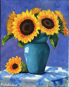 a painting of sunflowers in a blue vase