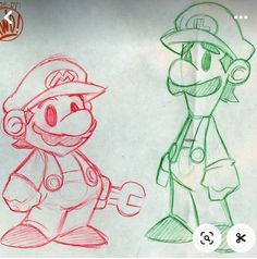 two different colored pencil drawings of mario and luigi