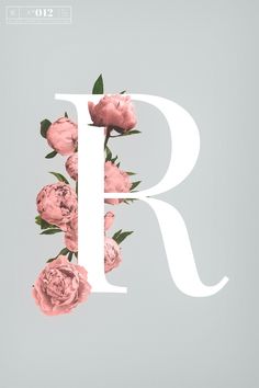 the letter r is made up of pink flowers on a light gray background with green leaves