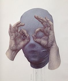 a drawing of two hands covering the face of a person