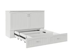 a white bed with two drawers on each side and an open drawer underneath the bed