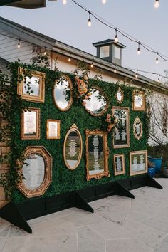 a green wall covered in mirrors and plants