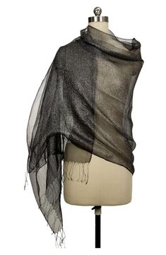 Add the perfect finishing touch to your look with this shimmery scarf crafted from luxurious silk. 70" L x 28" W 100% silk Hand wash, line dry Imported Elegant Black Scarves For Festive Season, Elegant Black Scarf For Festive Season, Elegant Black Festive Scarves, Black Silk Scarf For Party, Festive Silk Shawl For Party, Chic Silk Shawl For Party, Silk Shawl Scarves For Evening, Silk Shawl Scarf For Party, Silk Shawl For Evening