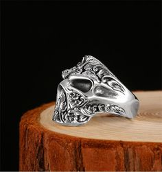 925 Skull Ring | Skull Action Patterned Wedding Band, Real Skull, Biker Bracelet, Silver Skull Ring, Biker Jewelry, Biker Rings, Silver Signet Ring, Adjustable Jewelry, Rock Chic