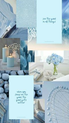 a collage of blue and white images with words written on the top, bottom left corner