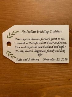 25 an Italian Wedding Tradition Tags Tags for Wedding Favors Bridal Shower Favor Tags Italian Tradition Confetti Bomboniera - Etsy UK Tags For Wedding Favors, Greek Wedding Traditions, Italian Wedding Favors, Wedding April, Wishes For The Bride, Wedding Favours Thank You, Indian Wedding Favors