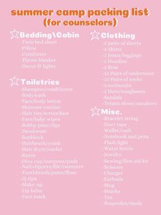 the summer camp packing list is shown on a pink background with white stars and text