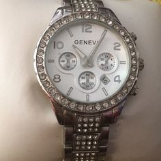 Ladies Silver Geneva Watch With Round Silver Face 3 Time Zone Inset And Rhinestones On Face And Band Rhinestones On Face, Face Rhinestones, Geneva Watch, Beaded Watches, Boyfriend Watch, Platinum Bracelet, Rhinestone Watches, Bangle Watches, Cuff Watch