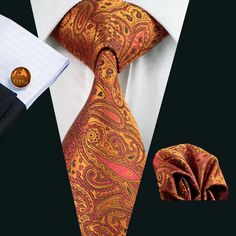 Golden Paisley Silk Men's Tie Pocket Square Cufflinks Set – ties2you Cheap Classic Ties As Gift, Ties Mens Fashion, Tie Crafts, Diy Tie, Necktie Set, Mens Silk Ties, Orange Tie, Tie Length, Paisley Tie