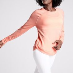 Athleta Beyond Soft Peach Long Sleeve Mindset Sweatshirt Top Brand New - Without Hang Tag,The Label Inside Is Partially Covered To Prevent Returns To The Retail Stores. Material - 97% Modal, 3% Polyester Peach Top, Fitness Studio, Women Long Sleeve Tops, Confident Woman, Performance Outfit, Famous Brands, Lifestyle Brands, Women Long Sleeve, Open Shoulder Tops