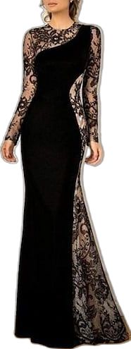 Elegant Lace Evening Dress With Sweep Train, Formal Evening Dress With Lace Sleeves, Black Long Sleeve Gala Gown, Black Evening Mother Of The Bride Dress For Wedding, Black Mother Of The Bride Dress For Evening Wedding, Elegant Black Gala Gown, Elegant Formal Evening Dress With Lace Sleeves, Formal Mother Of The Bride Dress With Lace Sleeves, Glamorous Lace Long Sleeve Mother Of The Bride Dress