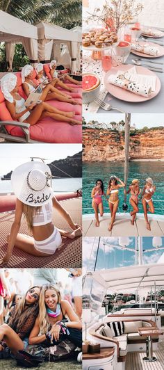 the collage shows several different photos with women in bikinis and hats on them