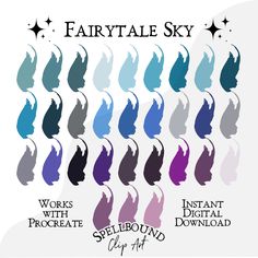 the silhouettes of different hair colors are shown in this graphic art workbook, titled fairytale sky